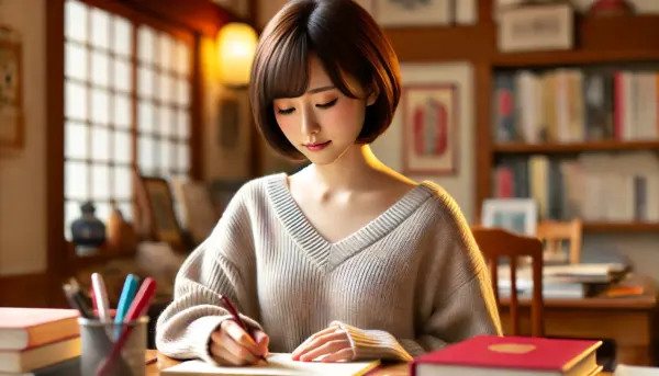 女子大学生机に向かって手紙を書く