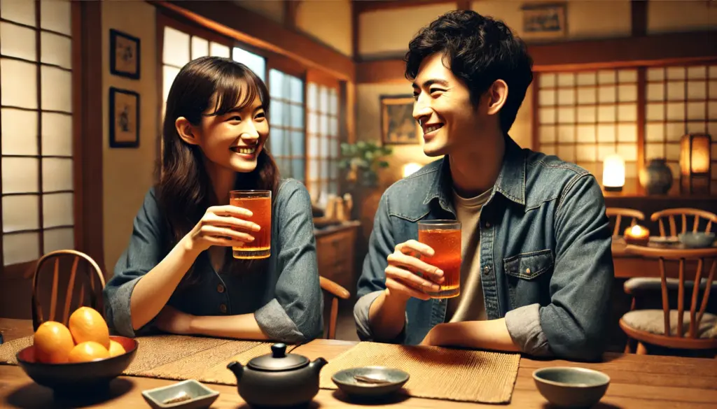 日本人夫婦、ダイニングでお酒イメージ